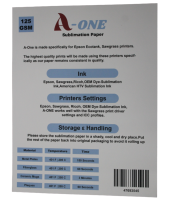 A-One Sublimation Paper 125GSM 8.5" X 11" (100)Pcs