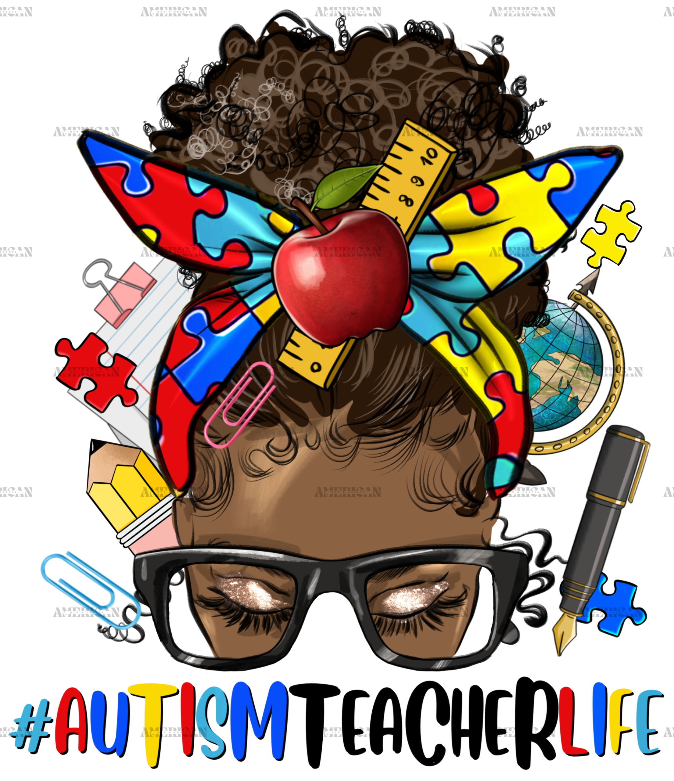 Afro Messy Bun Autism Teacher Life DTF Transfer