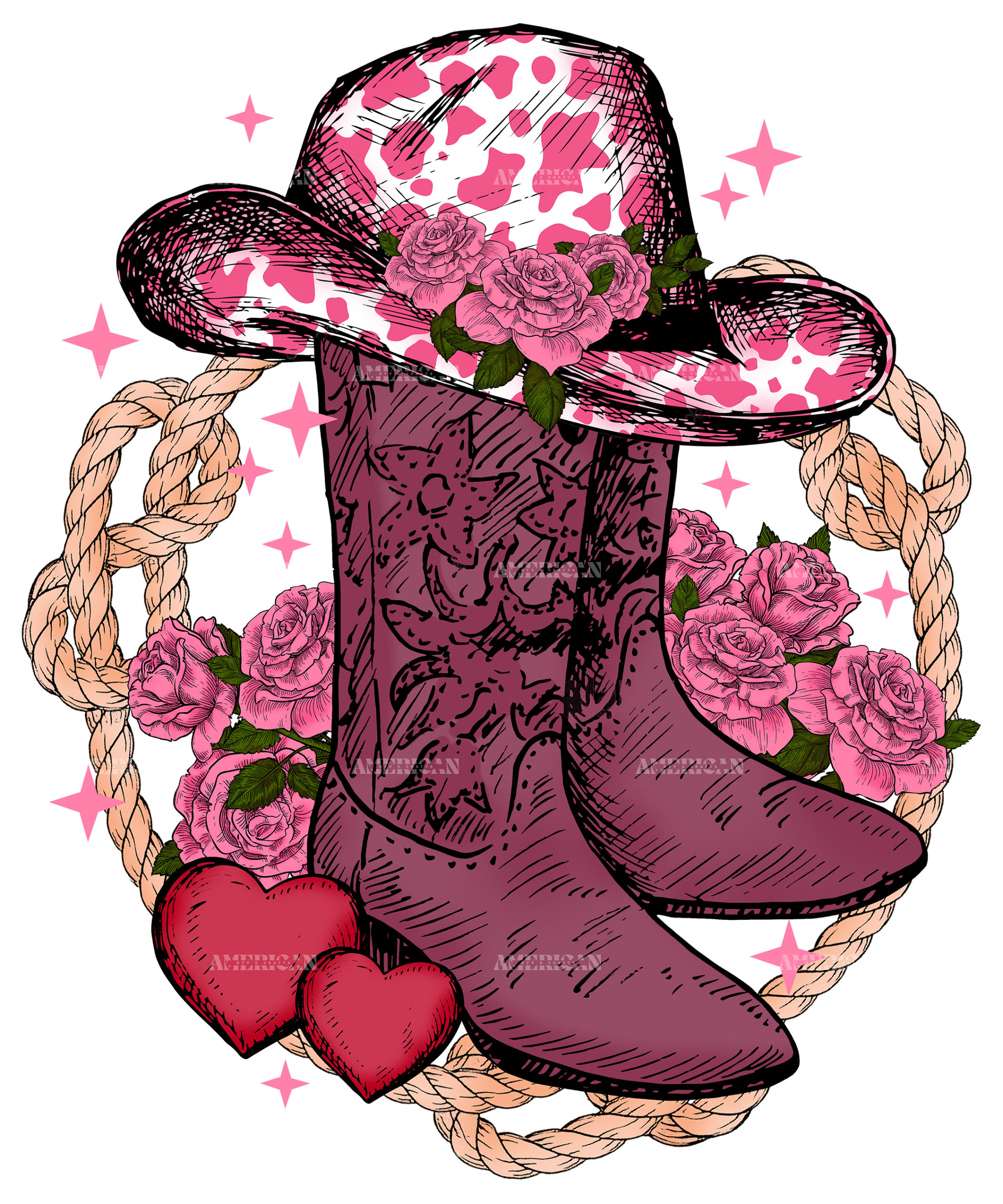 Boots Roses And Hearts Western Valentines DTF Transfer