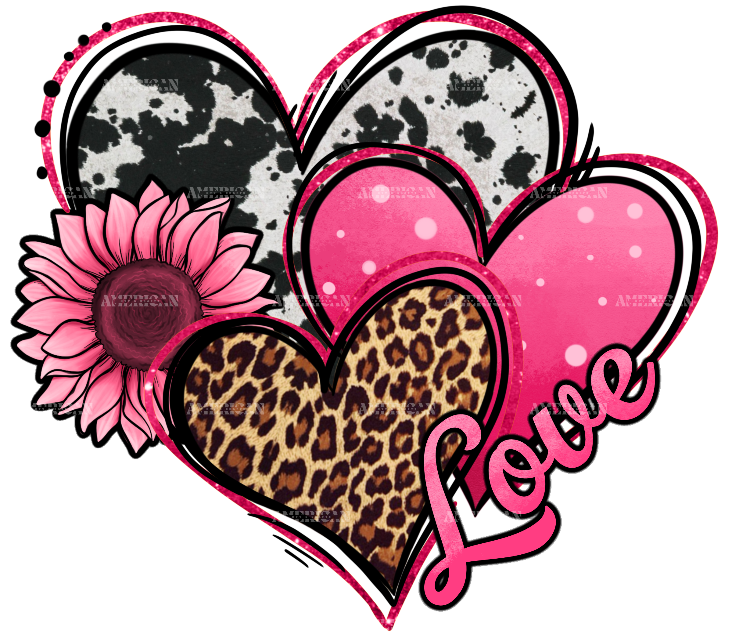 Valentines Day Western Hearts And Sunflower Cowhide DTF Transfer